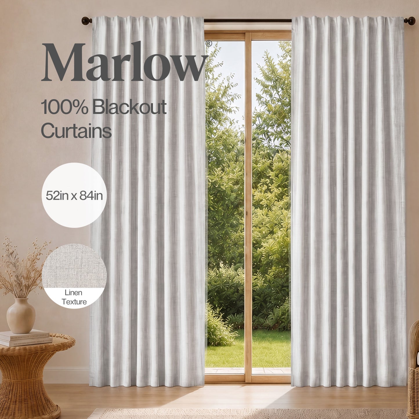 Marlow 100% Blackout Curtains Thermal Linen Look Ready Made 52x84 in Off-White