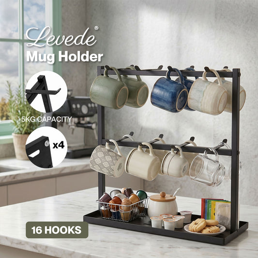 Levede Mug Holder Stand Countertop Coffee Cup Rack Storage Organiser 16 Hooks