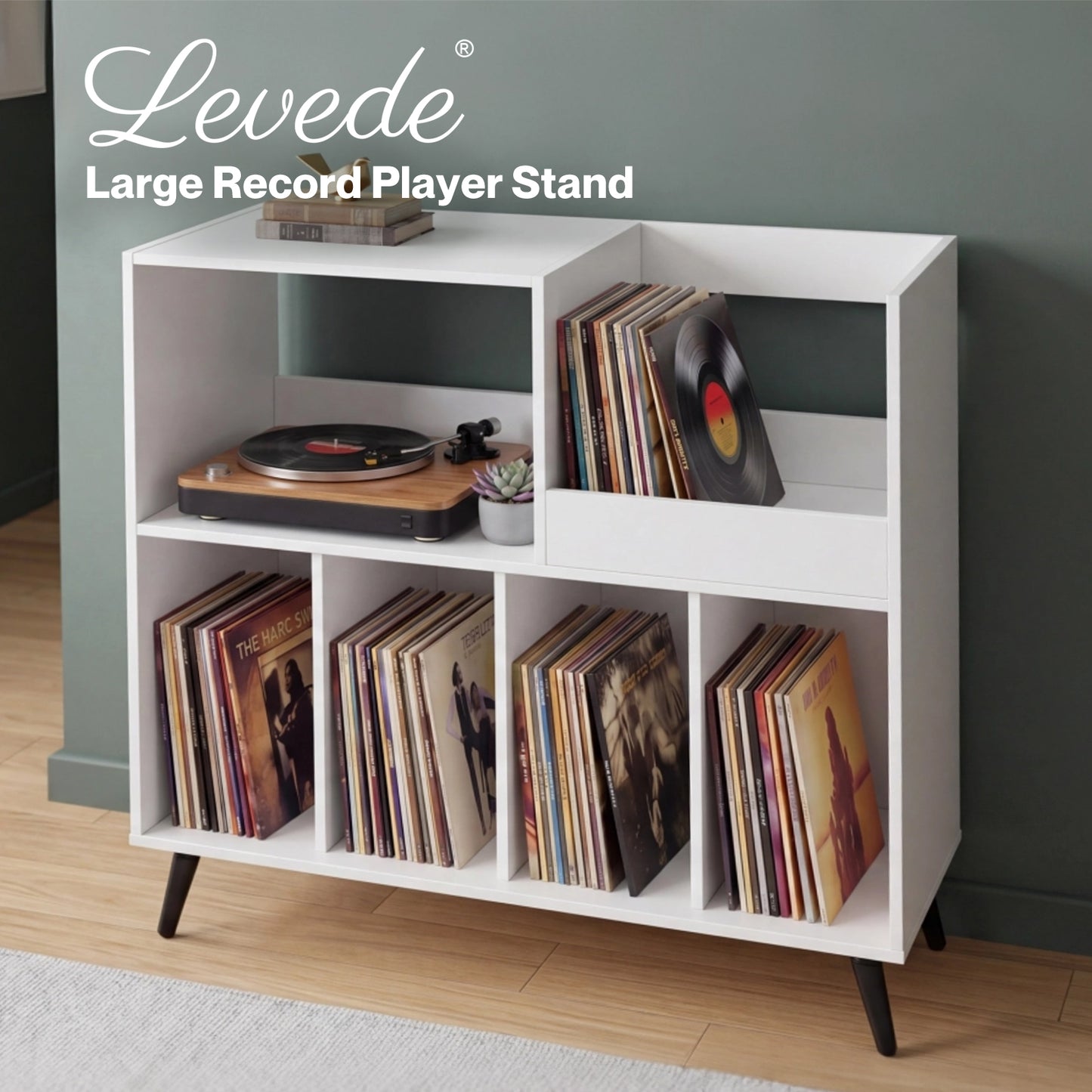 Levede Record Player Stand 300+ Album Storage Turntable Cabinet Rubber Wood White