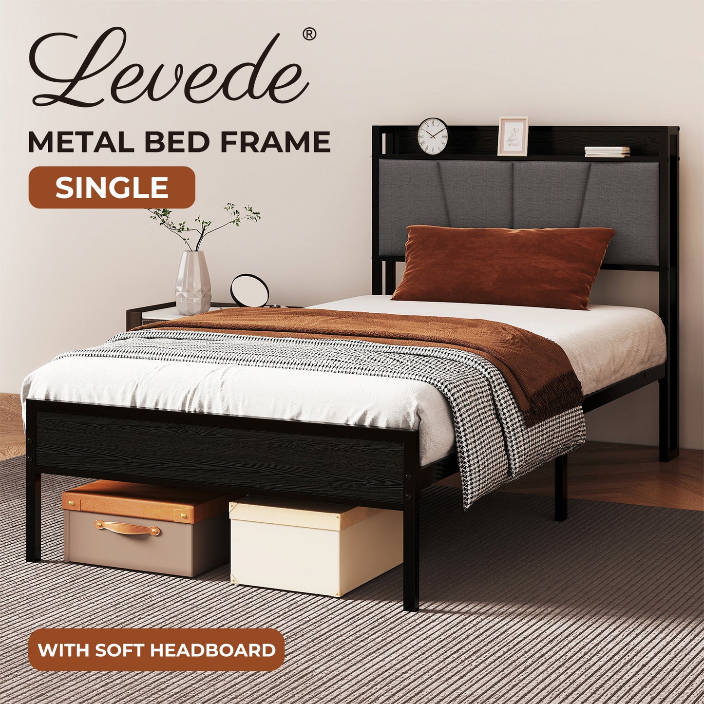 Levede Single Bed Frame Metal Platform Linen Upholstered Headboard with Storage