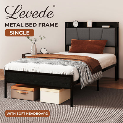 Levede Single Bed Frame Metal Platform Linen Upholstered Headboard with Storage