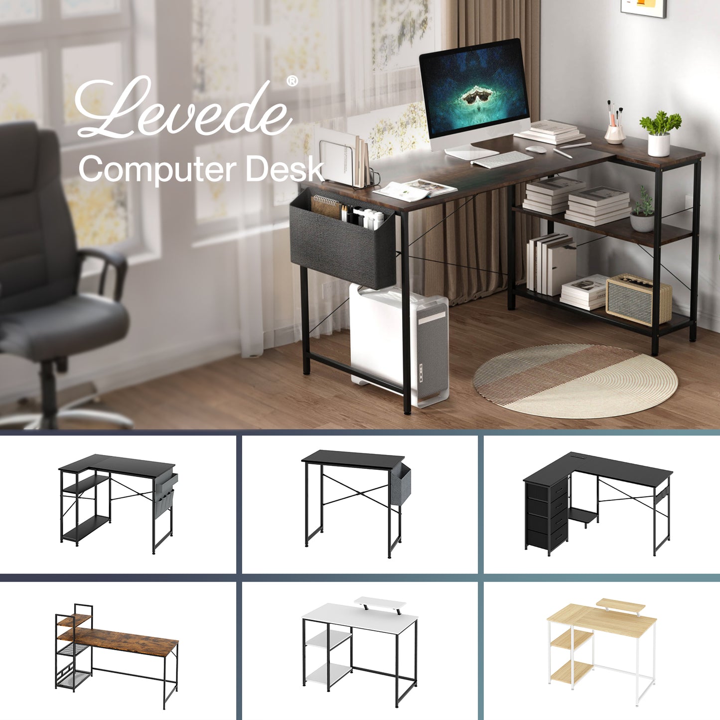 Levede Computer Desk L Shaped Corner Office Table Home Storage Shelves Drawers