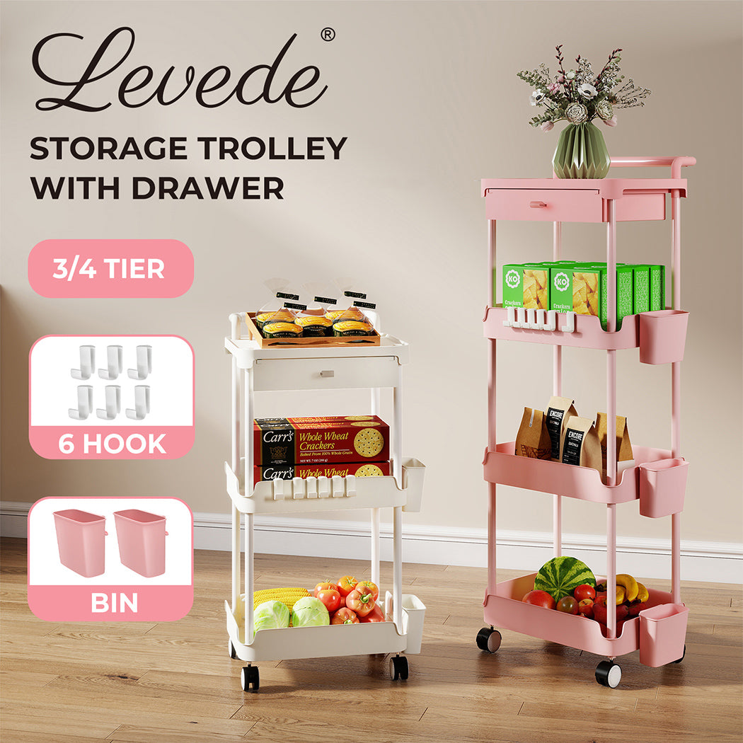 Levede Metal Storage Trolley on Wheels 3/4 Tier with Drawer Pink Rolling Cart