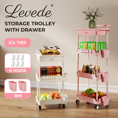 Levede Metal Storage Trolley on Wheels 3/4 Tier with Drawer Pink Rolling Cart