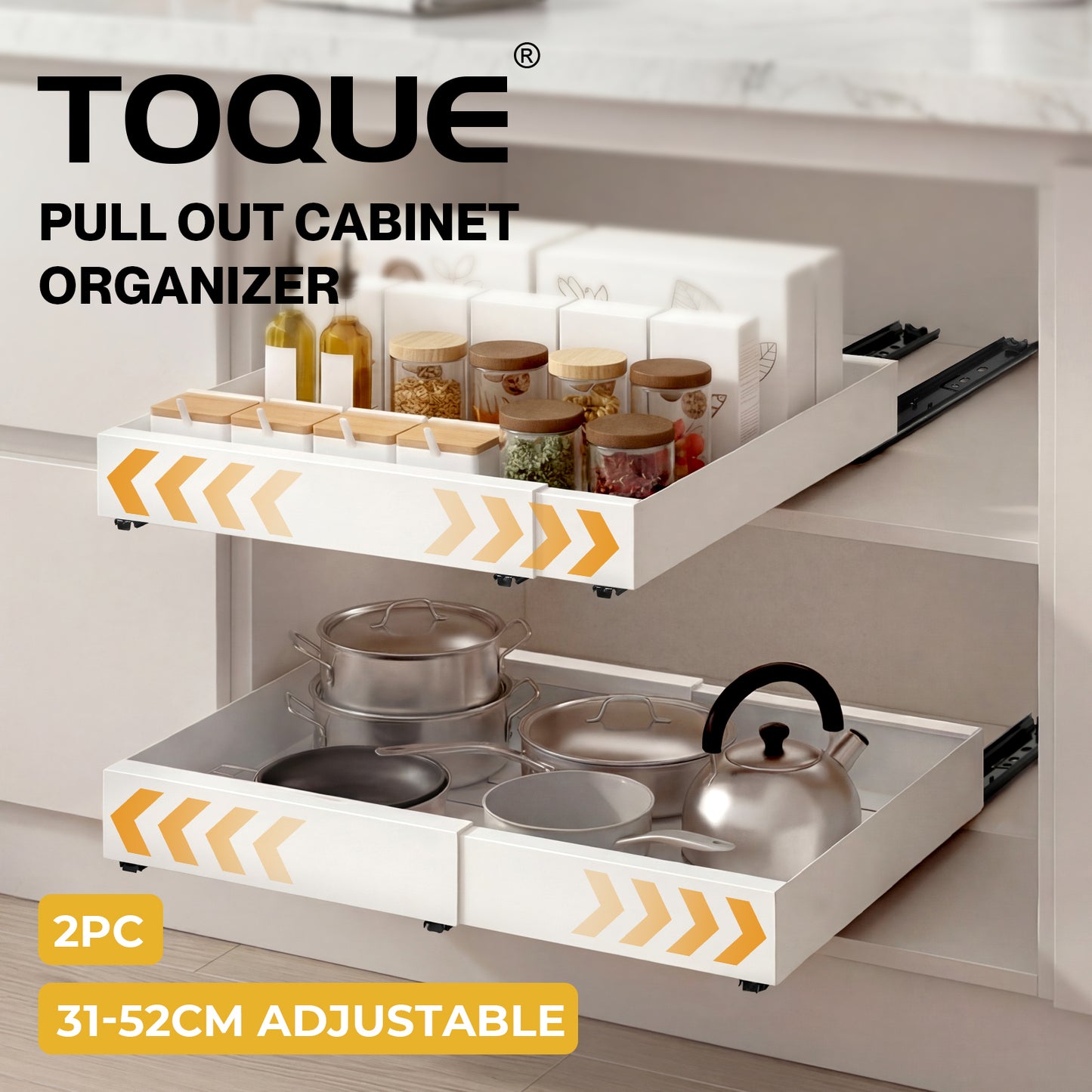 TOQUE Pull Out Cabinet Organizer Adhesive 2 Pcs Expandable White Storage Drawers