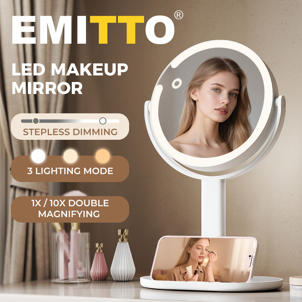 Emitto 10X Magnifying Makeup Mirror Round 360° Rotation LED Light Double Side
