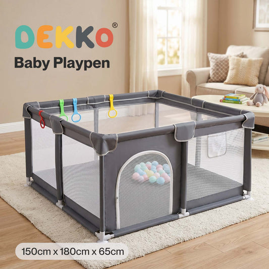 Dekko Baby Playpen 150x180cm Play Mat with 50 Ocean Balls 65cm Safe Height Grey