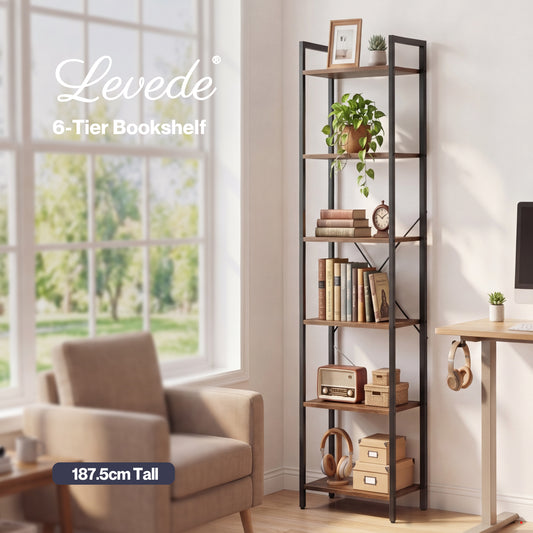 Levede Book Shelf 6-Tier Narrow Shelves Space-Saving Steel Bedroom Walnut Brown