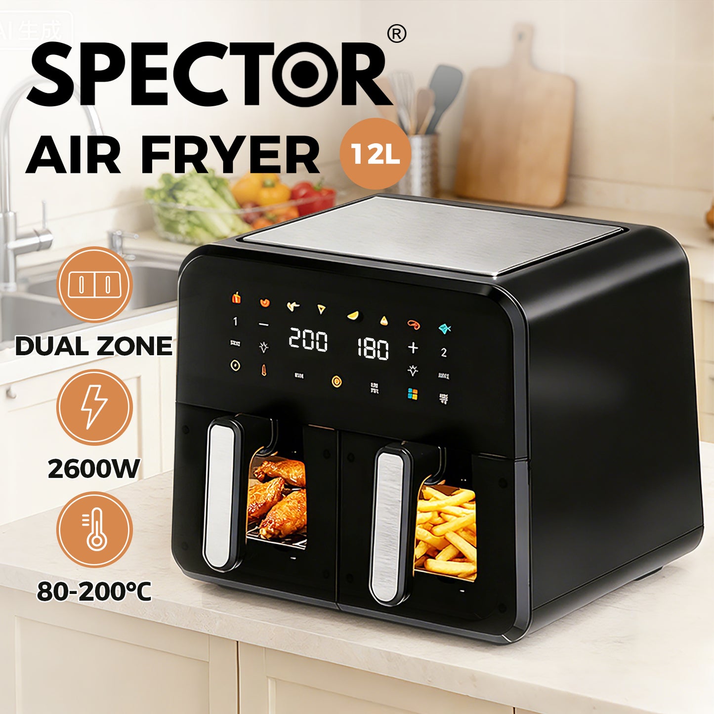 Spector 12L Dual Zone Air Fryer 2600W Oil Free Oven Cooker Touch Control Black