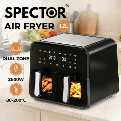 Spector 12L Dual Zone Air Fryer 2600W Oil Free Oven Cooker Touch Control Black