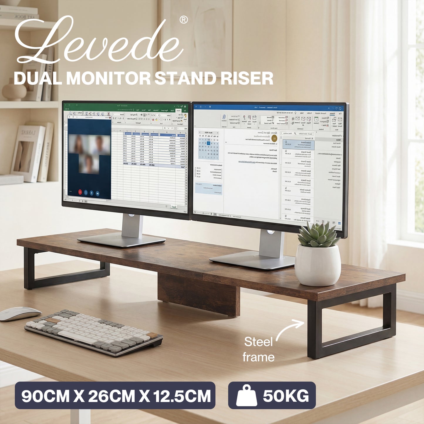 Levede Monitor Stand Riser Dual Computer Screen Desk Shelf for Home Office Steel