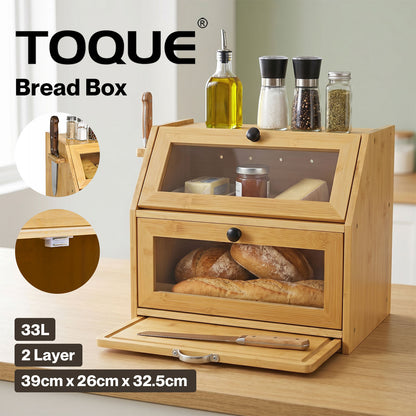 TOQUE 33L Bamboo Bread Bin with Cutting Board Bread Storage Box Natural
