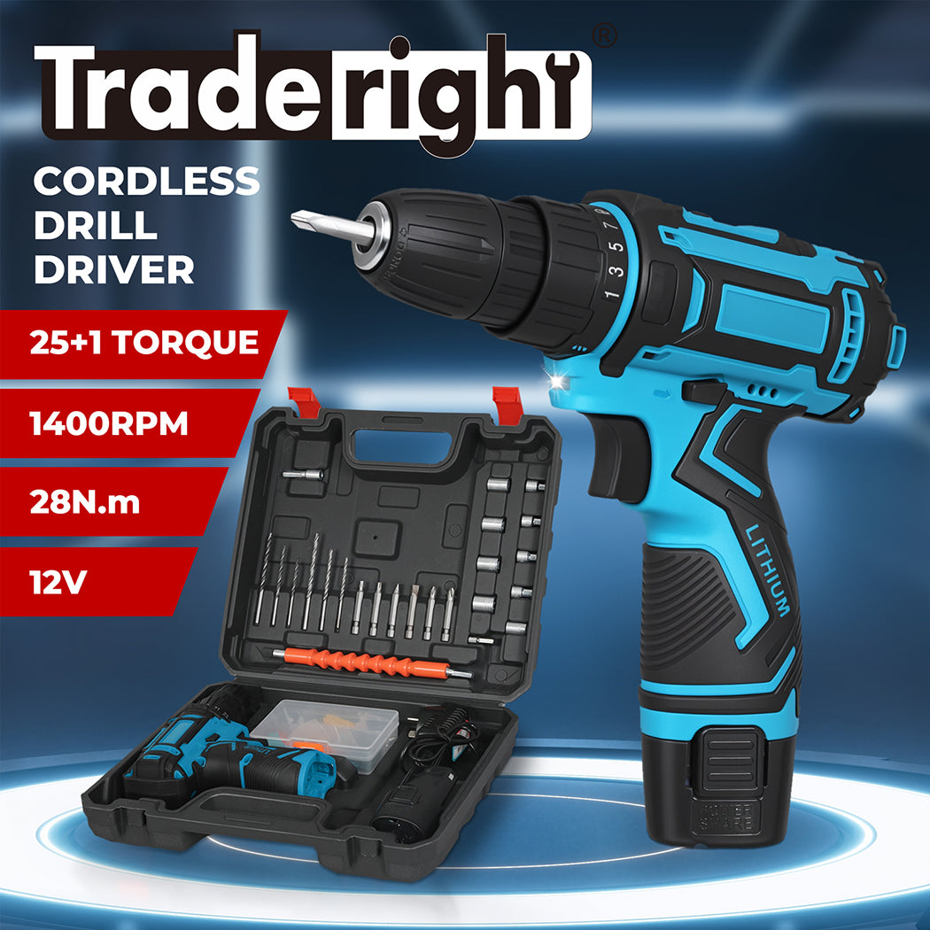 Traderight Cordless Drill Combi Driver Electric Screwdriver Set 2.0Ah Battery