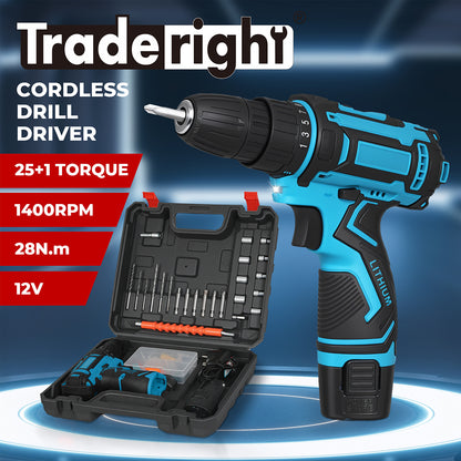 Traderight Cordless Drill Combi Driver Electric Screwdriver Set 2.0Ah Battery