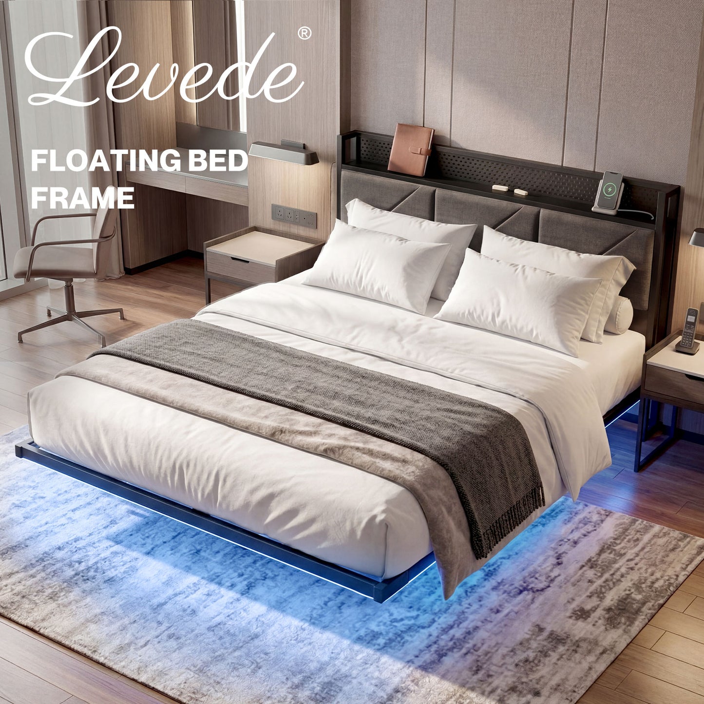 Levede Floating Bed Frame Double LED Lights Upholstered USB Storage Headboard