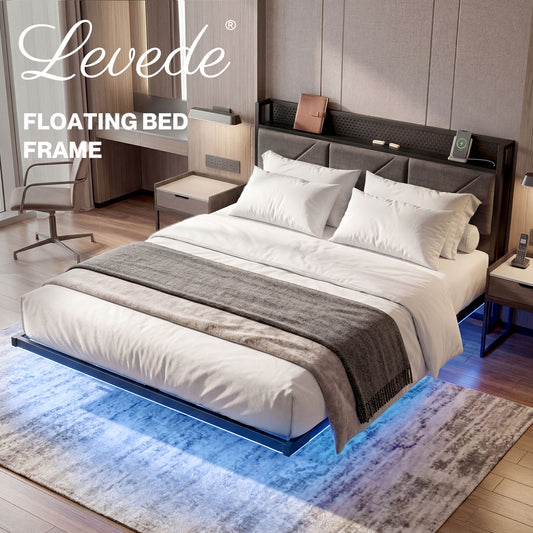 Levede Floating Bed Frame Double LED Lights Upholstered USB Storage Headboard
