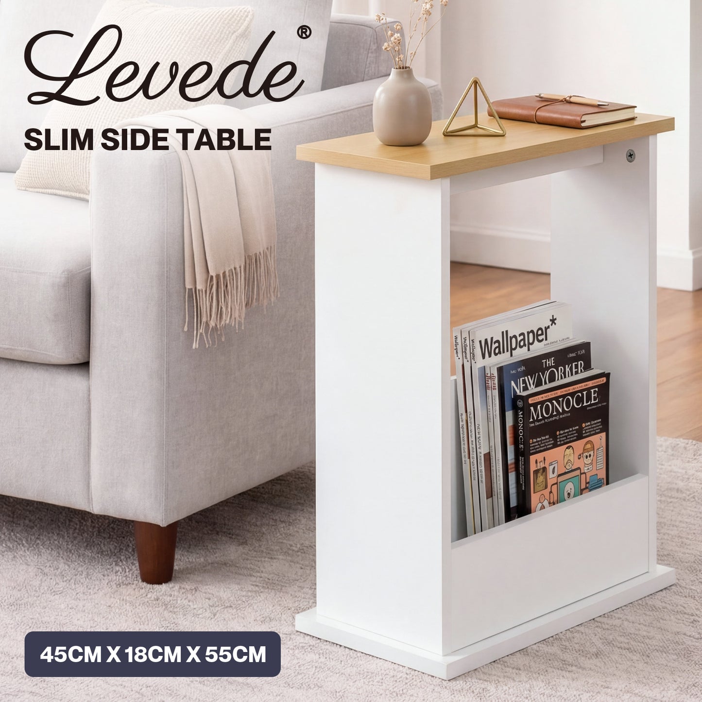 Levede Side Table with Magazine Rack Slim End Table For Living Room Natural