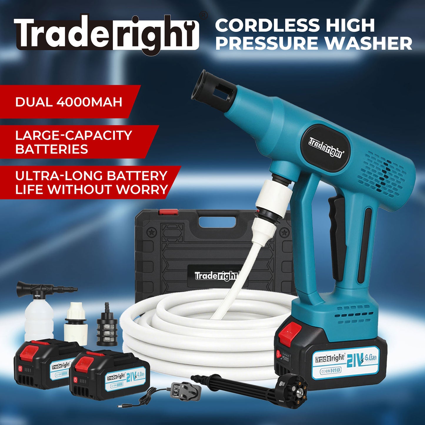 Traderight Cordless Pressure Washer 50Bar/725PSI Dual 4000mAh  6-in-1 Nozzle LCD
