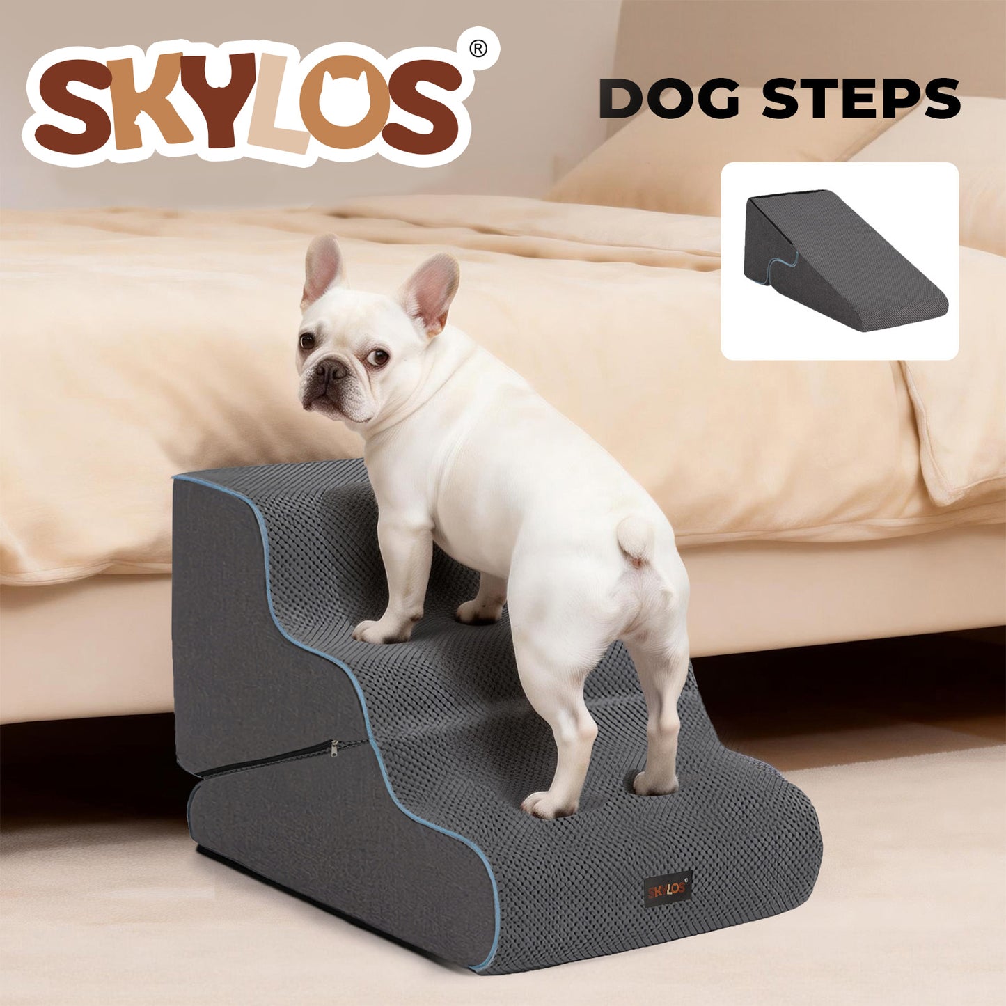 Skylos 2 in 1 Dog Ramp 3 Step Pet Stairs Ladder Foam Non Slip Washable Cover