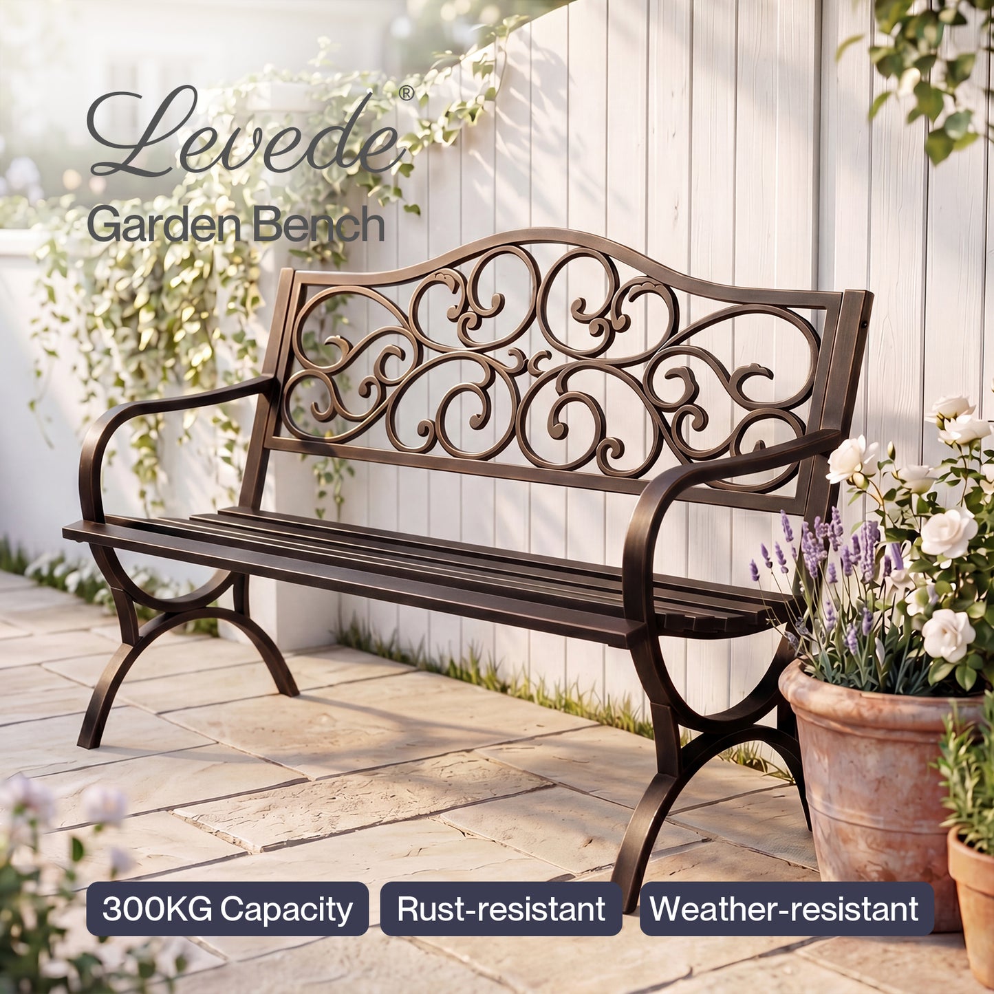 Levede Garden Bench Outdoor Bench 300kg Metal Floral Pattern Bronze