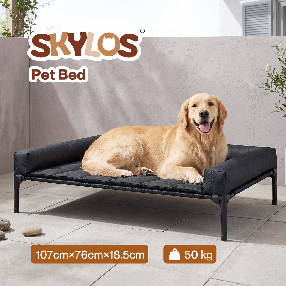 Skylos Elevated Dog Bed Large Breathable Three Sided Bolster for Outdoor Black