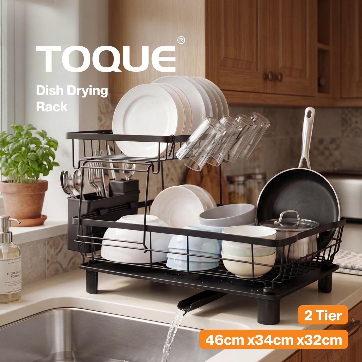 TOQUE 2 Tier Dish Drainer Rack Drip Tray Cutlery Holder Plate Rack Kitchen Sink
