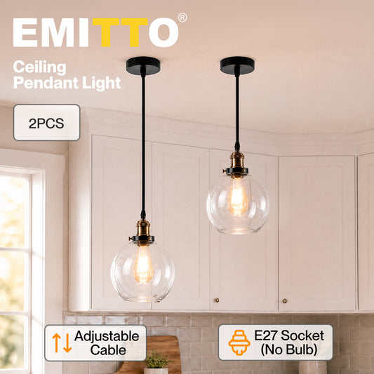 Emitto 2PCS Ceiling Pendant Light Industrial Glass LampShade Adjustable Cable