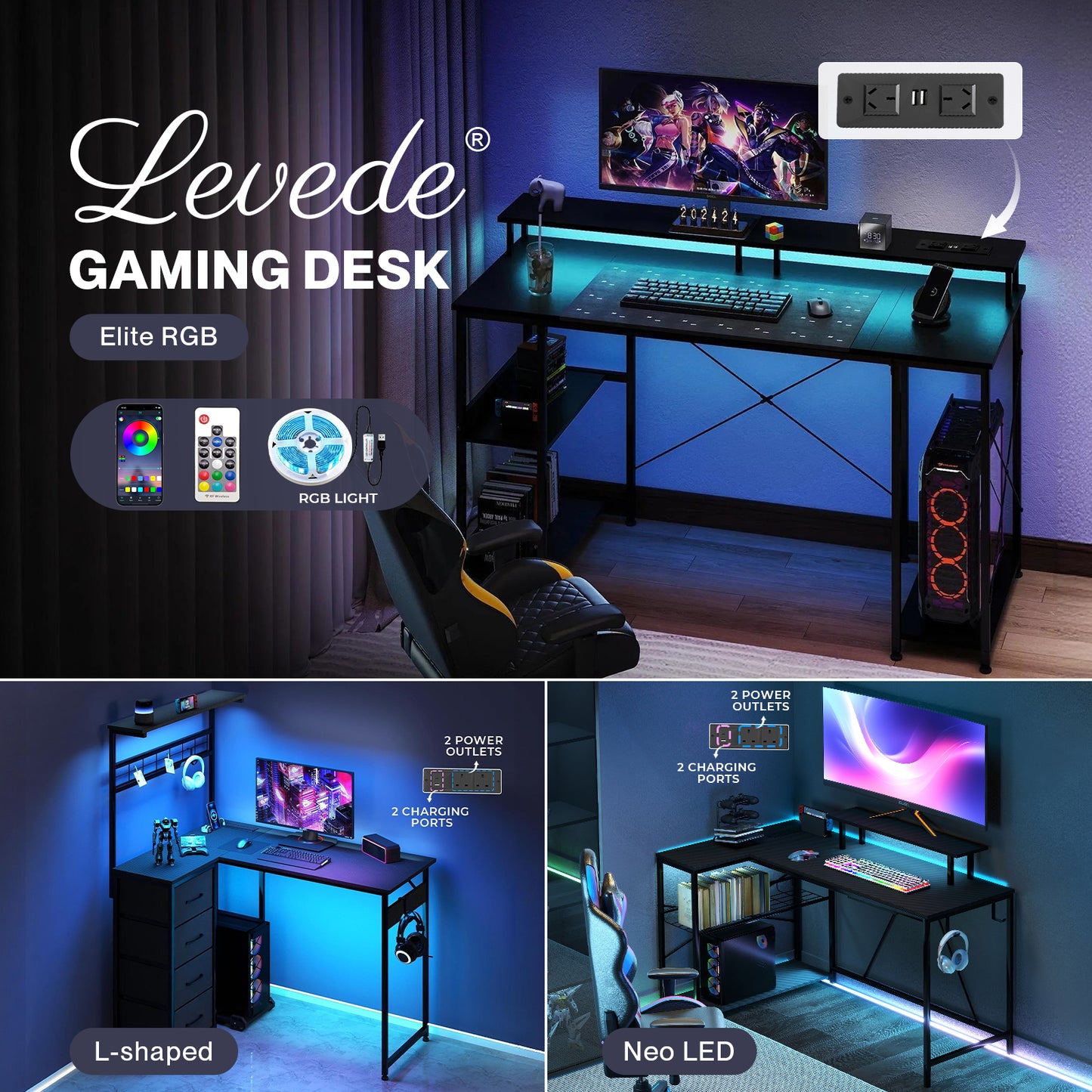 Levede Gaming Desk RGB LED Light Power Computer Table Storage Shelf Home Office