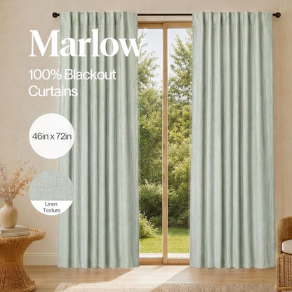 Marlow 100% Blackout Curtains Thermal Linen Look Pair Ready Made 46x72 in Green