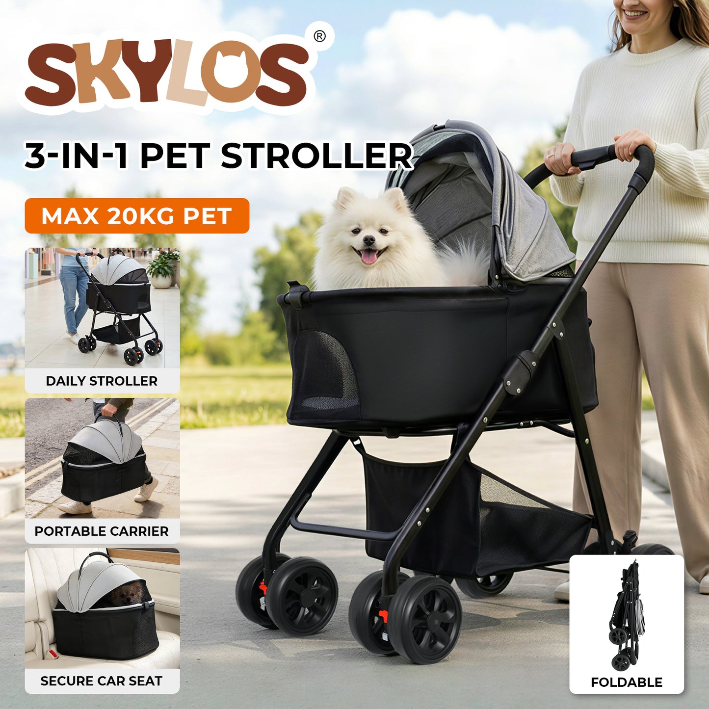 Skylos Pet Stroller Dog Cat Puppy Pram Pushchair Travel Cart Buggy Carrier