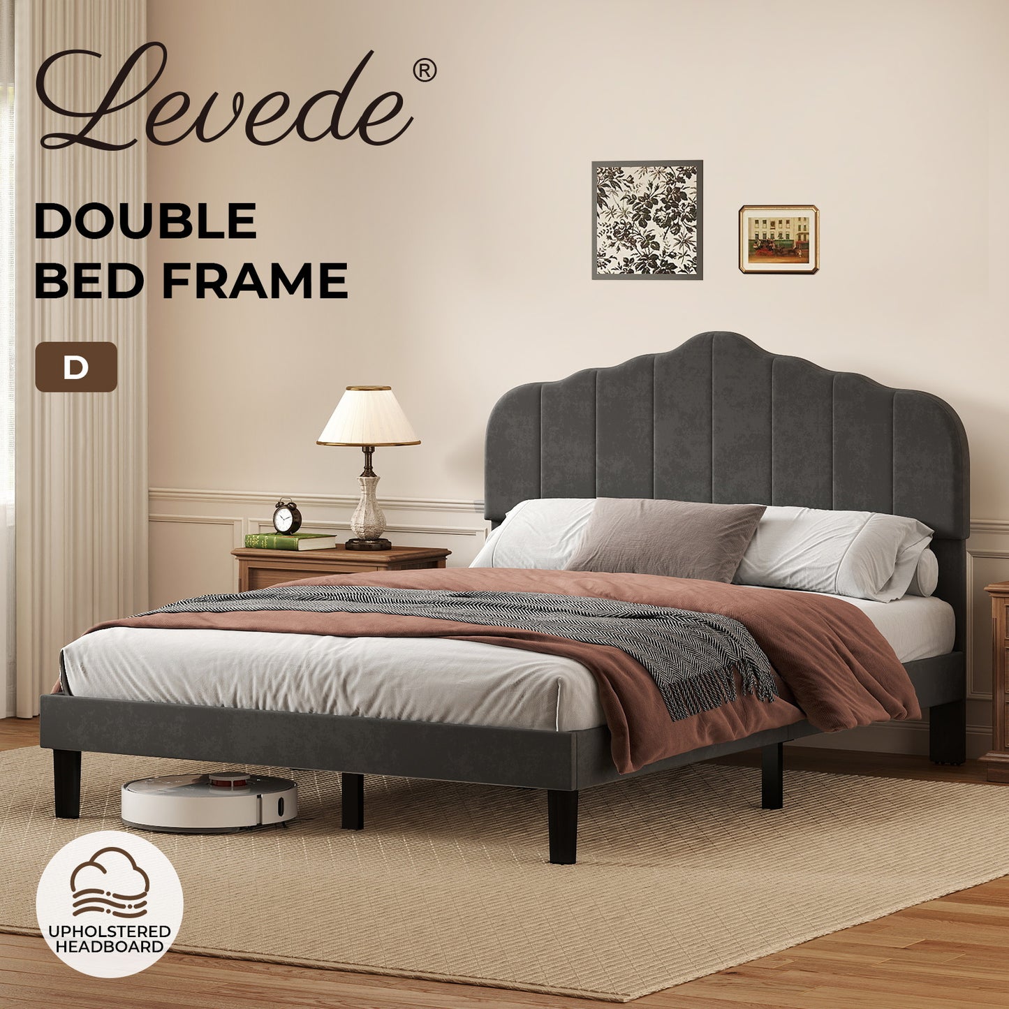 Levede Double Upholstered Bed Frame Linen Fabric Modern Soft Scalloped Headboard