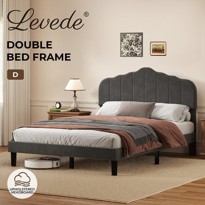 Levede Double Upholstered Bed Frame Linen Fabric Modern Soft Scalloped Headboard