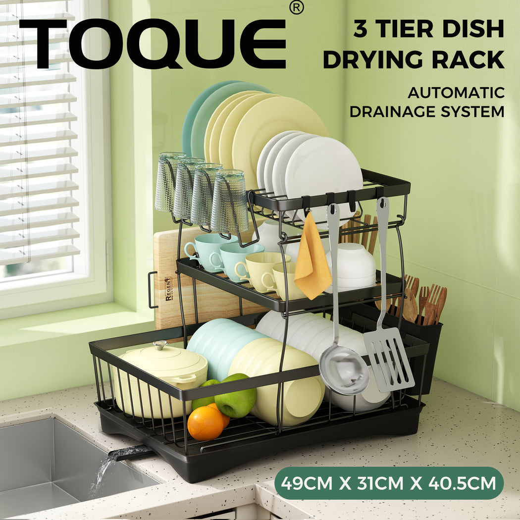 Toque Dish Drying Drainer Rack 3 Tier with Drip Tray Plate Cup Cutlery Holder