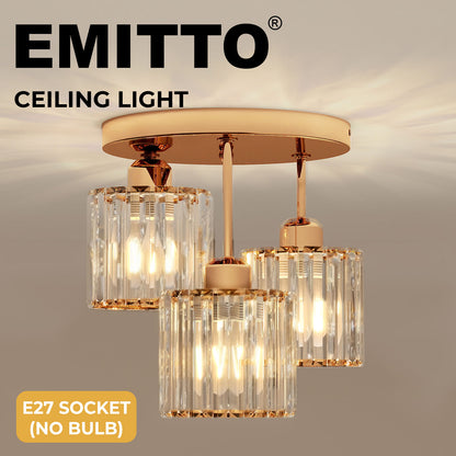 Emitto Crystal Ceiling Light 3 Light E27 Chandelier Semi Flush Mount Lamp Gold