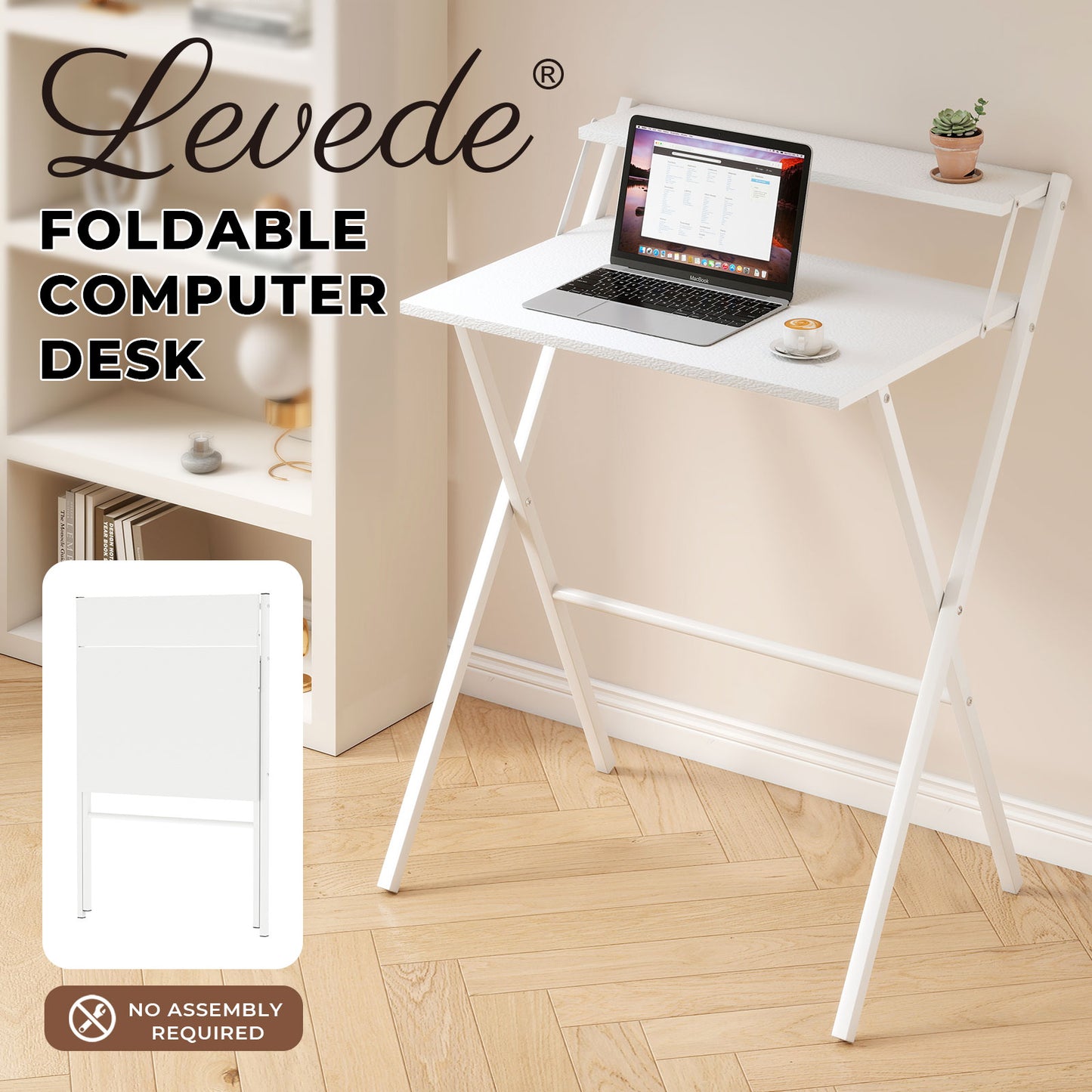 Levede Foldable Computer Desk Office Study Workstation with Monitor Shelf White
