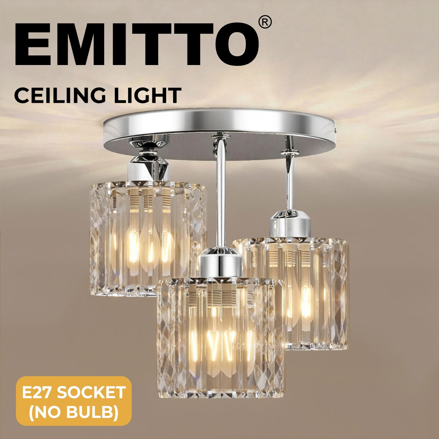 Emitto Crystal Ceiling Light 3 Light E27 Chandelier Semi Flush Mount Lamp Chrome