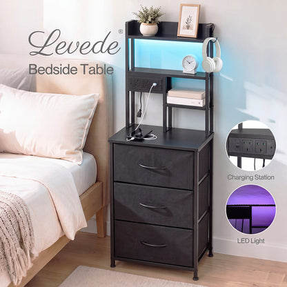 Levede Bedside Table with Charging Station 3 Drawer RGB Light Night Stand Black
