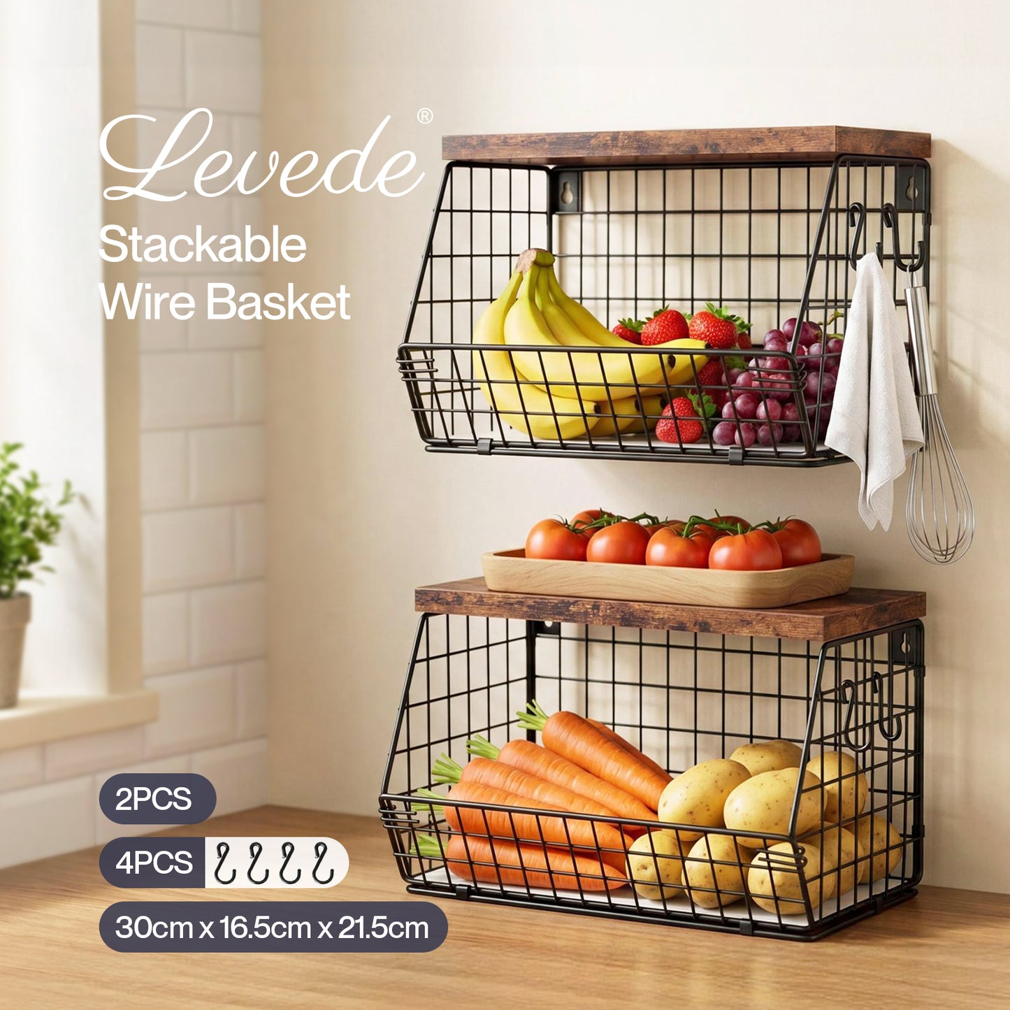 Toque Fruit Snack Storage Basket 2PCS Stackable Wall Mounted Kitchen Wood Lid