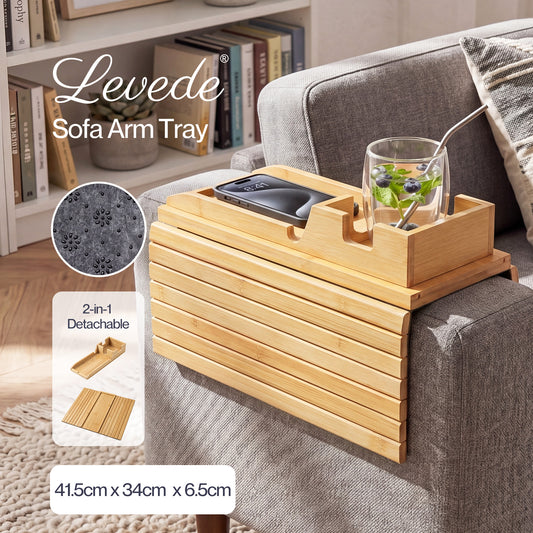 Levede Sofa Arm Tray Table 2 in 1 Bamboo Couch Armrest Organiser Cup Mug Holder