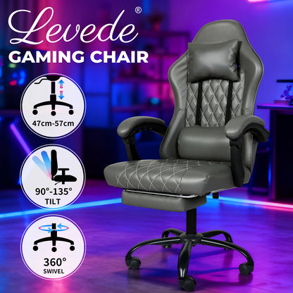 Levede Office Desk Chair PU Gaming Recliner Adjustable Height Swivel Grey