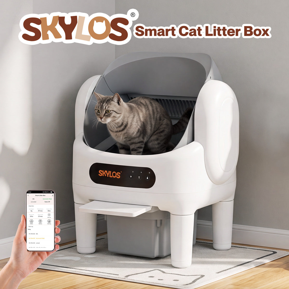 Skylos Cat Litter Tray Self Cleaning App Control Quiet for Multi Cats White