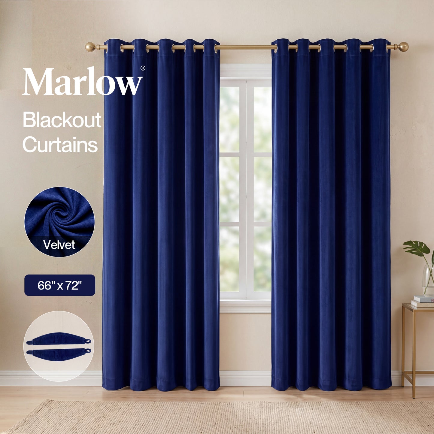 Marlow Thick Thermal Blackout Curtains Velvet 66x72 Inch Eyelet Ring Top Blue