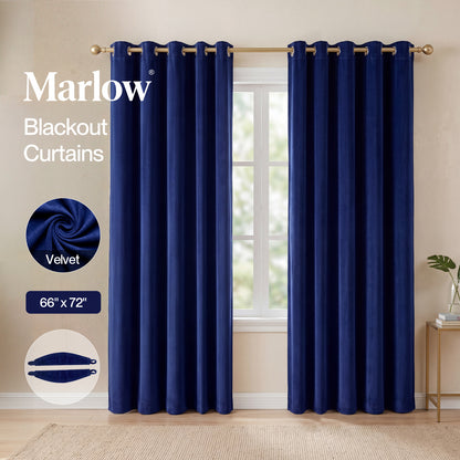 Marlow Thick Thermal Blackout Curtains Velvet 66x72 Inch Eyelet Ring Top Blue