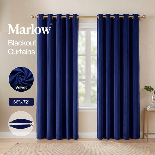 Marlow Thick Thermal Blackout Curtains Velvet 66x72 Inch Eyelet Ring Top Blue