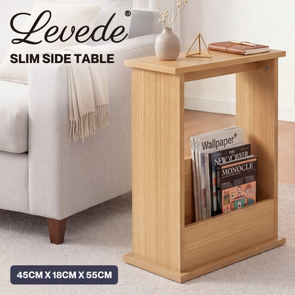 Levede Side Table Slim Storage Magazine Rack Sofa End Table Small Space Oak