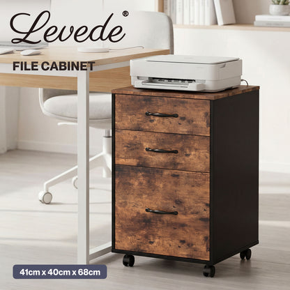 Levede File Cabinet Mobile Filing Cabinet Office with Wheels 3 Drawers Walnut