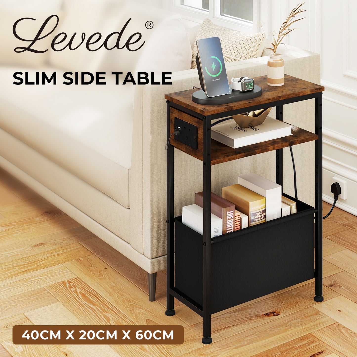 Slim Side Table with Charging Station Storage Narrow End Table Sofa Living Room