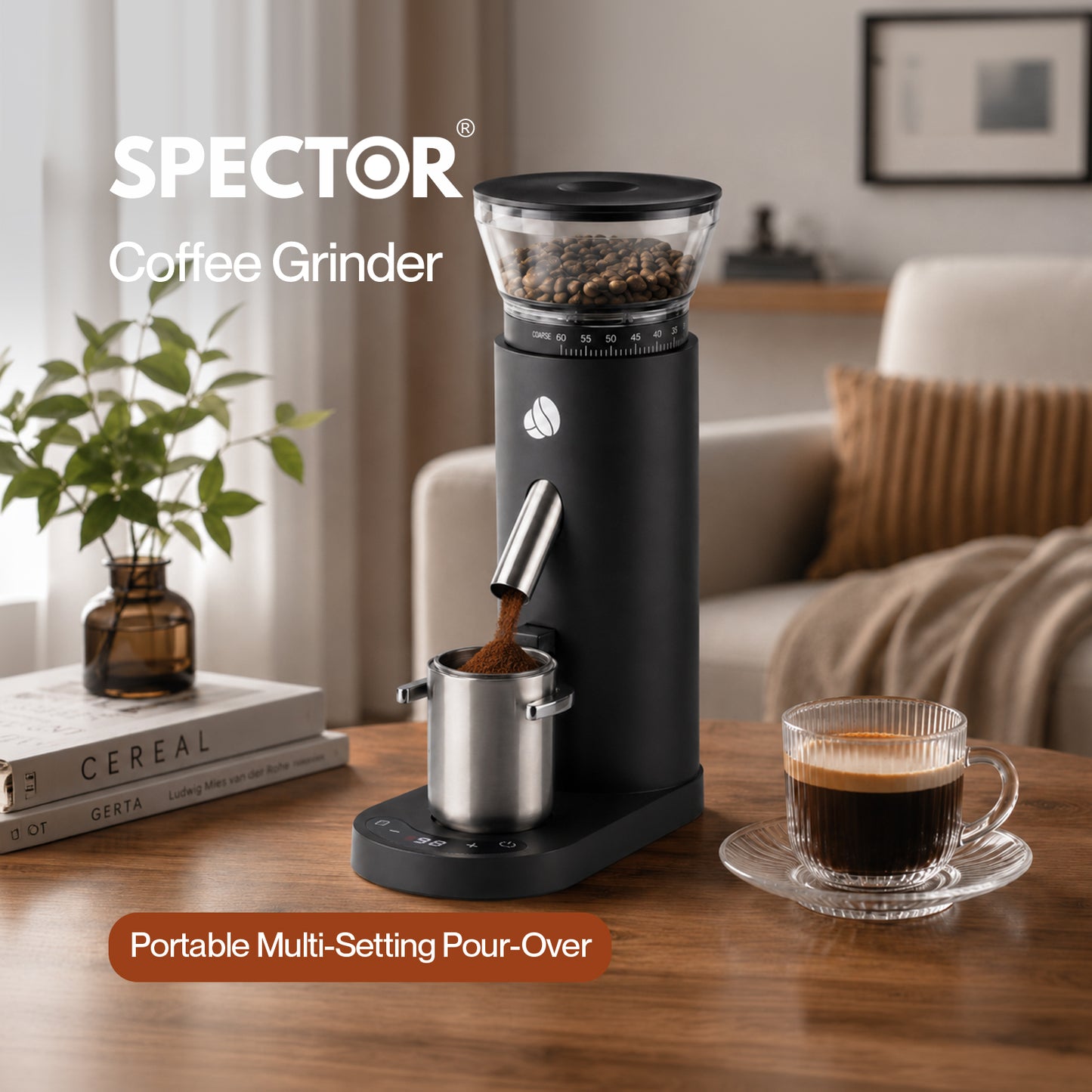 Spector Coffee Grinder 60-Setting Portable USB Rechargeable Burr Grinder Black