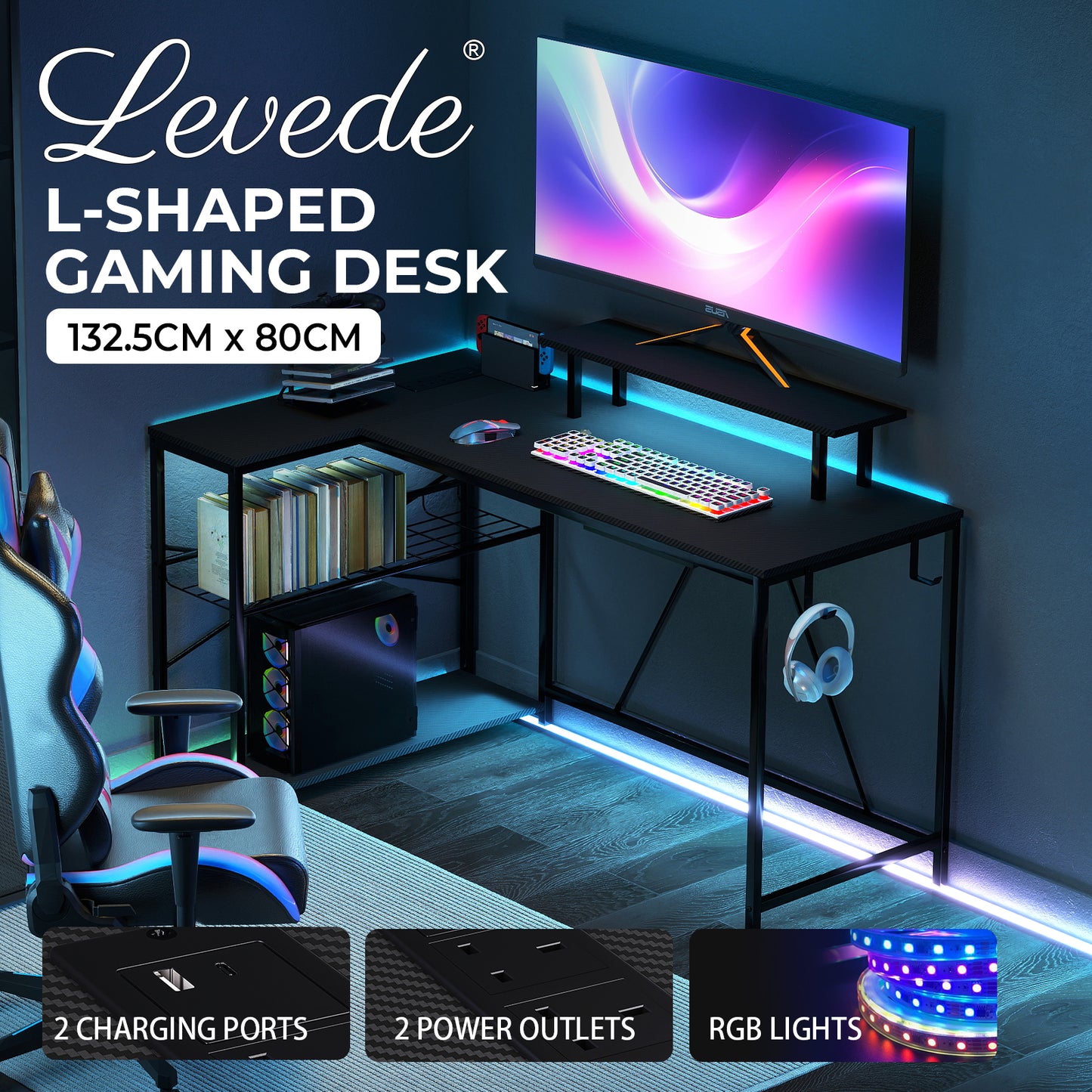 Levede Gaming Desk Corner L-Shaped Computer Table with LED Lights Storage USB