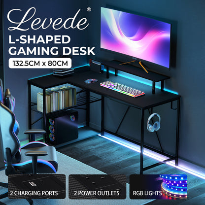Levede Gaming Desk Corner L-Shaped Computer Table with LED Lights Storage USB